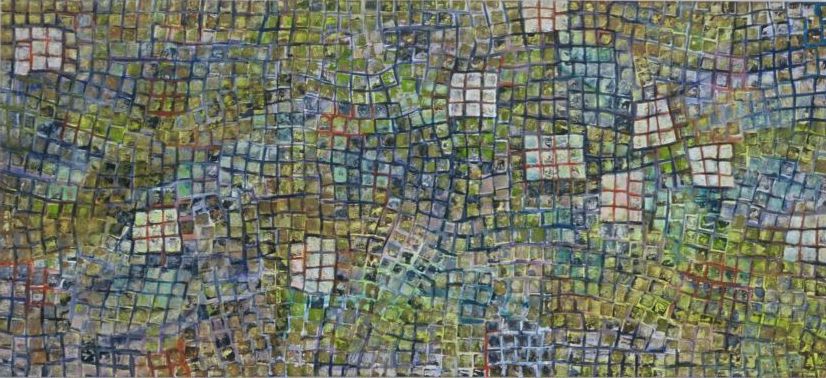 Transfiguration of Squares #023, by AOM subscriber Janine Brown, 2002, acrylic on Masonite, 30 x 66 in. Art Opportunities Monthly lists art competitions, art shows, grants, fellowships, public art commissions and other sources of money for artists working in all media, styles and geographic locations.
