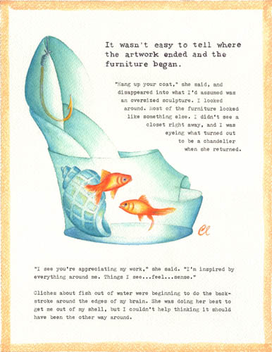 Claudia Lynch, Pisces Shoe (Fishbowl Shoe), 2008, gouache & typewriter