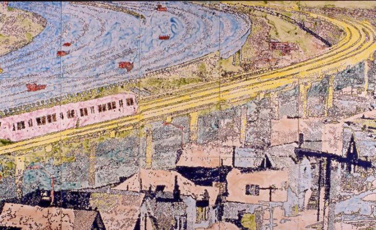 BART in a River of Cars, 2002, by AOM subscriber Jessica C. Phrogus. Art Opportunities Monthly lists art competitions, art shows, grants, fellowships, public art commissions and other sources of money for artists working in all media, styles and geographic locations.