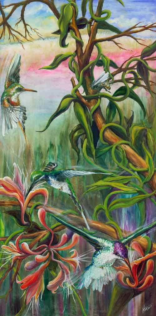 Hummingbirds With Bee, by Valerie Woelk , AOM subscriber. Art Opportunities Monthly lists art contests, art competitions, art shows, grants, fellowships, public art commissions and other sources of money for artists working in all media, styles and geographic locations.